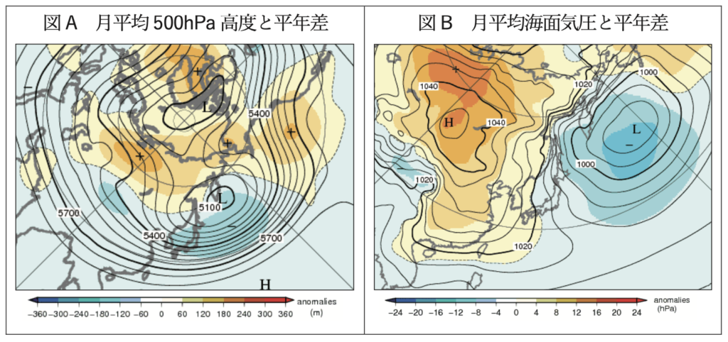 平均500hPa高度とその平年差