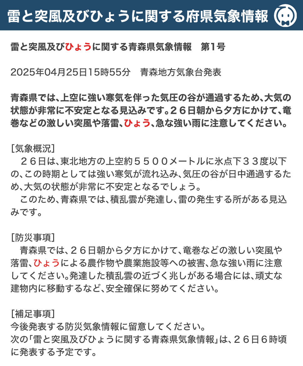 府県気象情報(降ひょう)