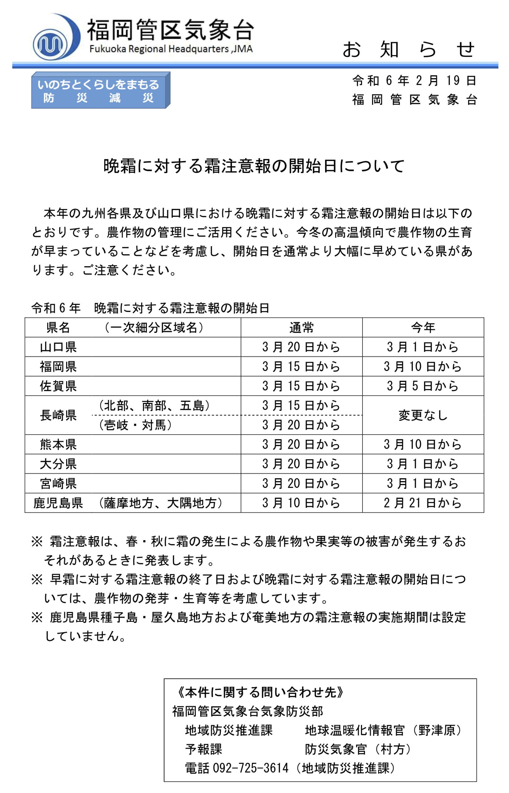 晩霜に対する霜注意報の開始日について